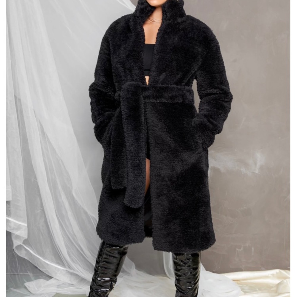 BOSS BELTED FAUX FUR LONGLINE COAT IN BLACK